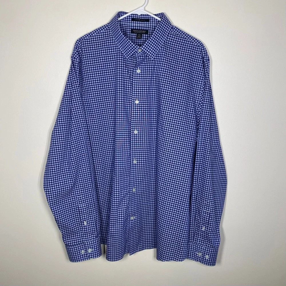 Banana Republic Untucked Slim Fit Shirt Mens XXL Blue Gingham Non-Iron Cotton‎